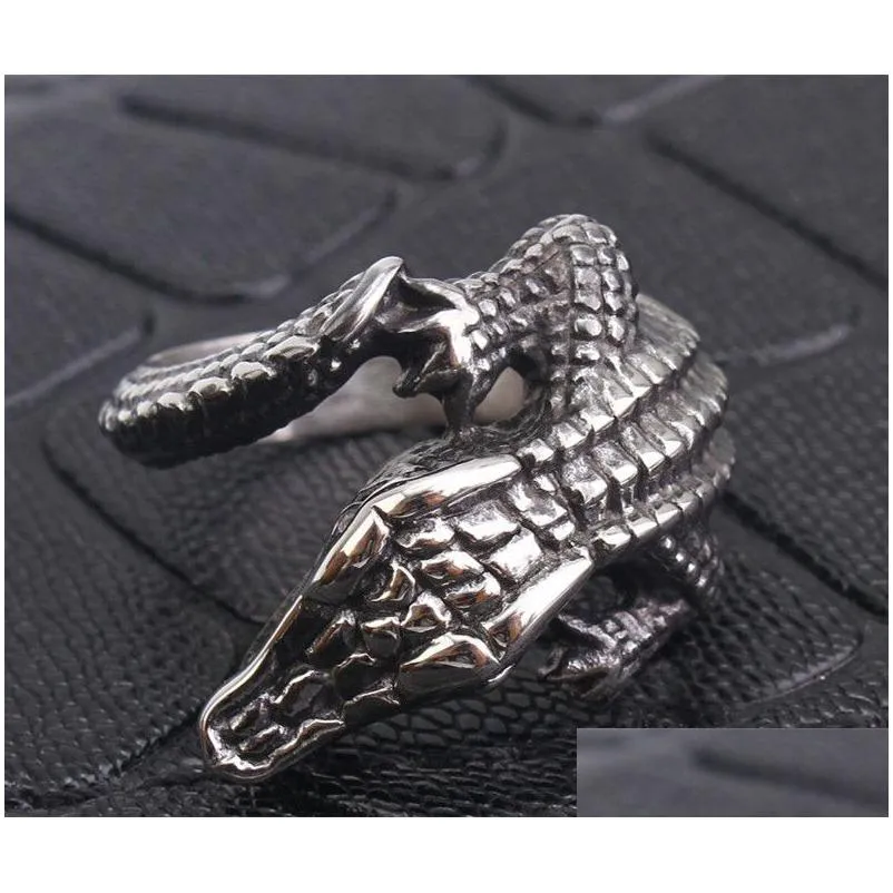 stainless steel men punk gothic crocodile ring animal style black oil drip men`s retro antique unique animal jewelry wholesale