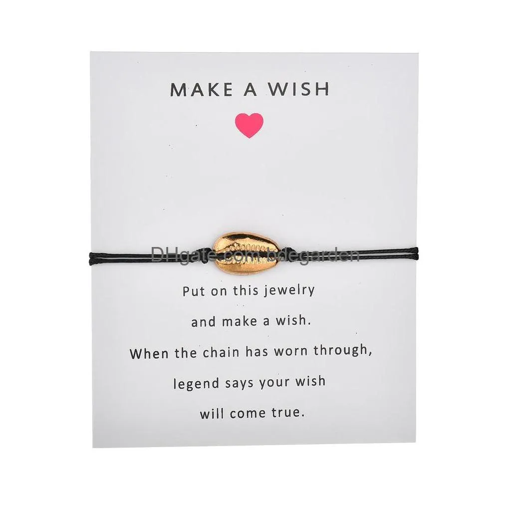 new gold cowrie shell charm wrap bracelet with make a wish gift card for women delicate rope chain simple bohemian beach jewelry