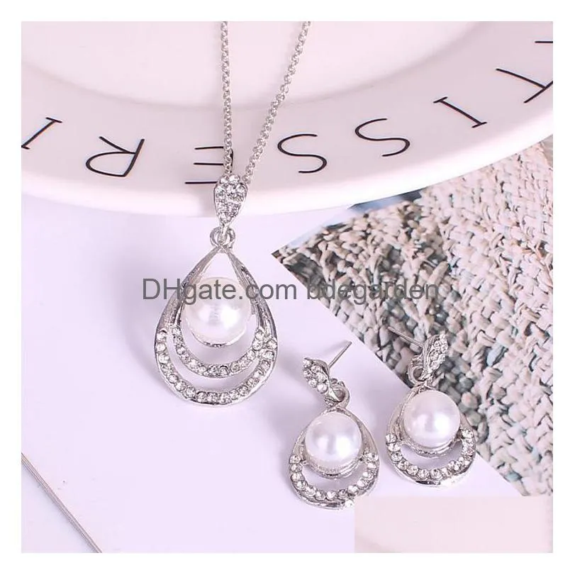 fashion pearl jewelry set women wedding crystal drip shape pendant silver necklaces dangle earrings for ladies bride engagement jewelry