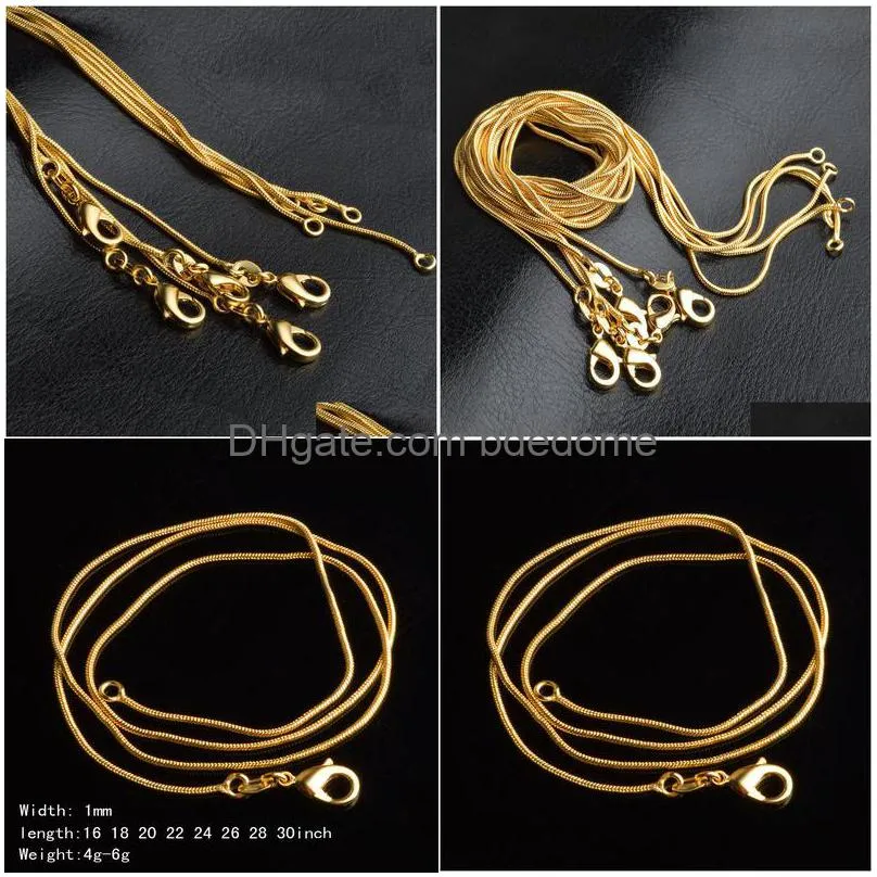 1mm 18k gold plated snake chains 16-30 inch golden smooth lobster clasp necklace for women&ladies fashion jewelry in bulk cheap