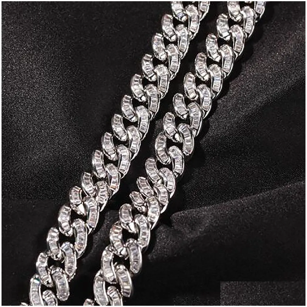 10mm baguette cuban link chain &bracelet mens white gold iced diamond cubic zircon choker necklace hip hop jewelry 7-22inch