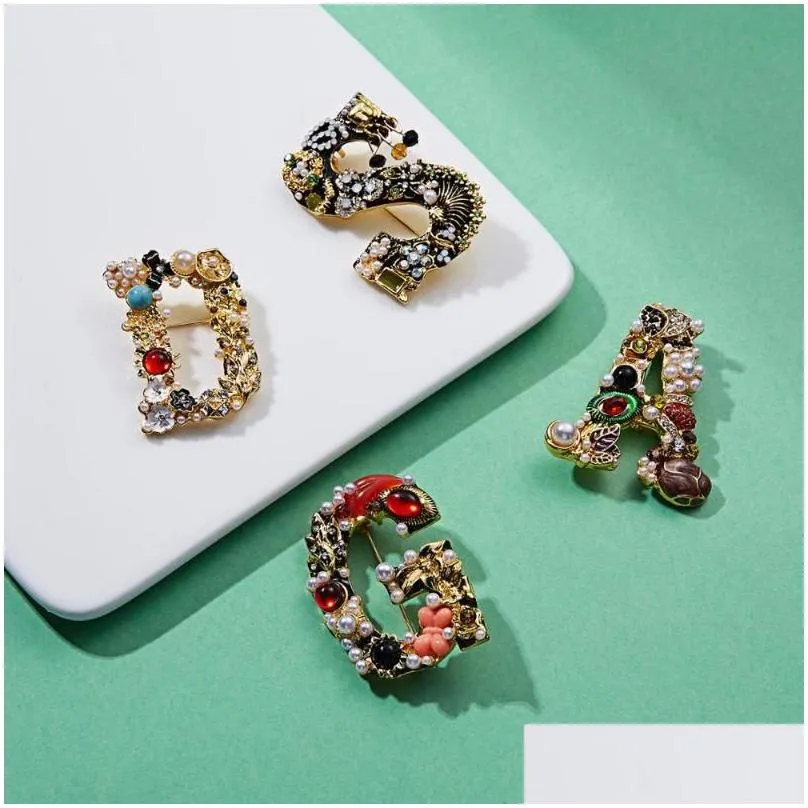 Pins, Brooches Vintage Gem Pearl Rhinestone Letter Brooch Pins Inital Alphabet For Women Men Trendy Clothes Accessories Drop