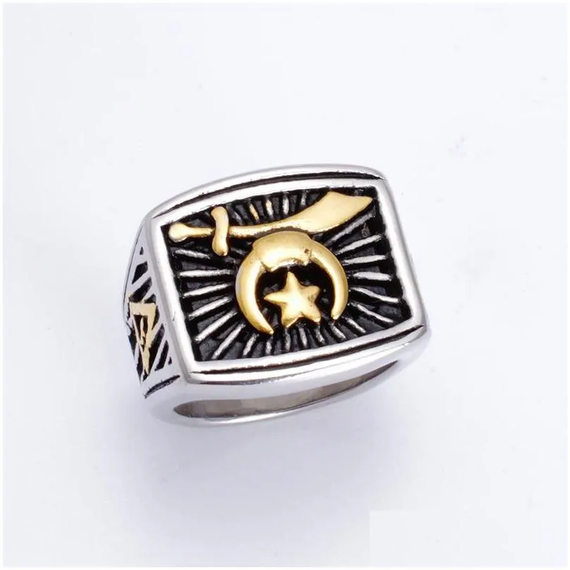 fashion two tone silver gold stainless steel shriner masonic rings jewel religious muslim moon and star jewelry items camel hat sword shrine ring jewellery item