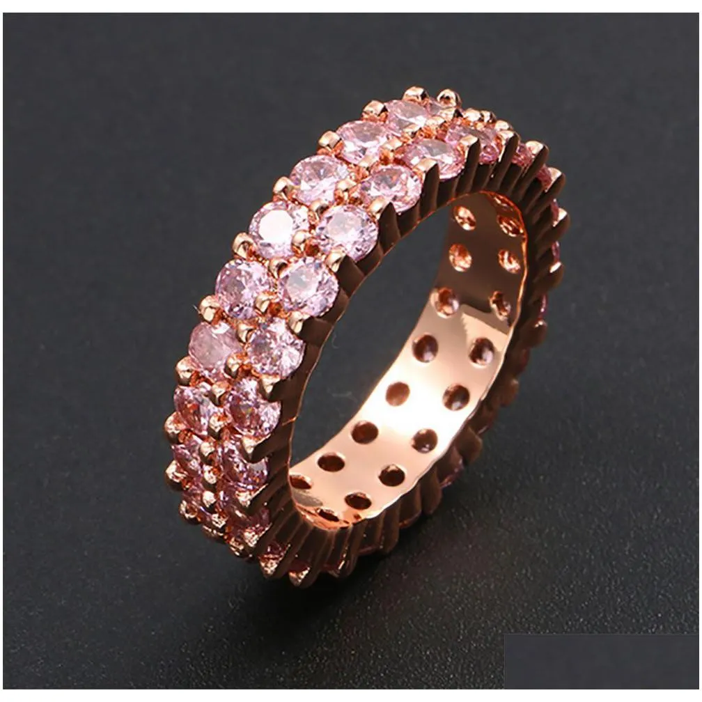 iced 2 row 360 eternity pink stone rings micro pave cubic zirconia rose gold plated simulated diamonds hip hop ring for men women