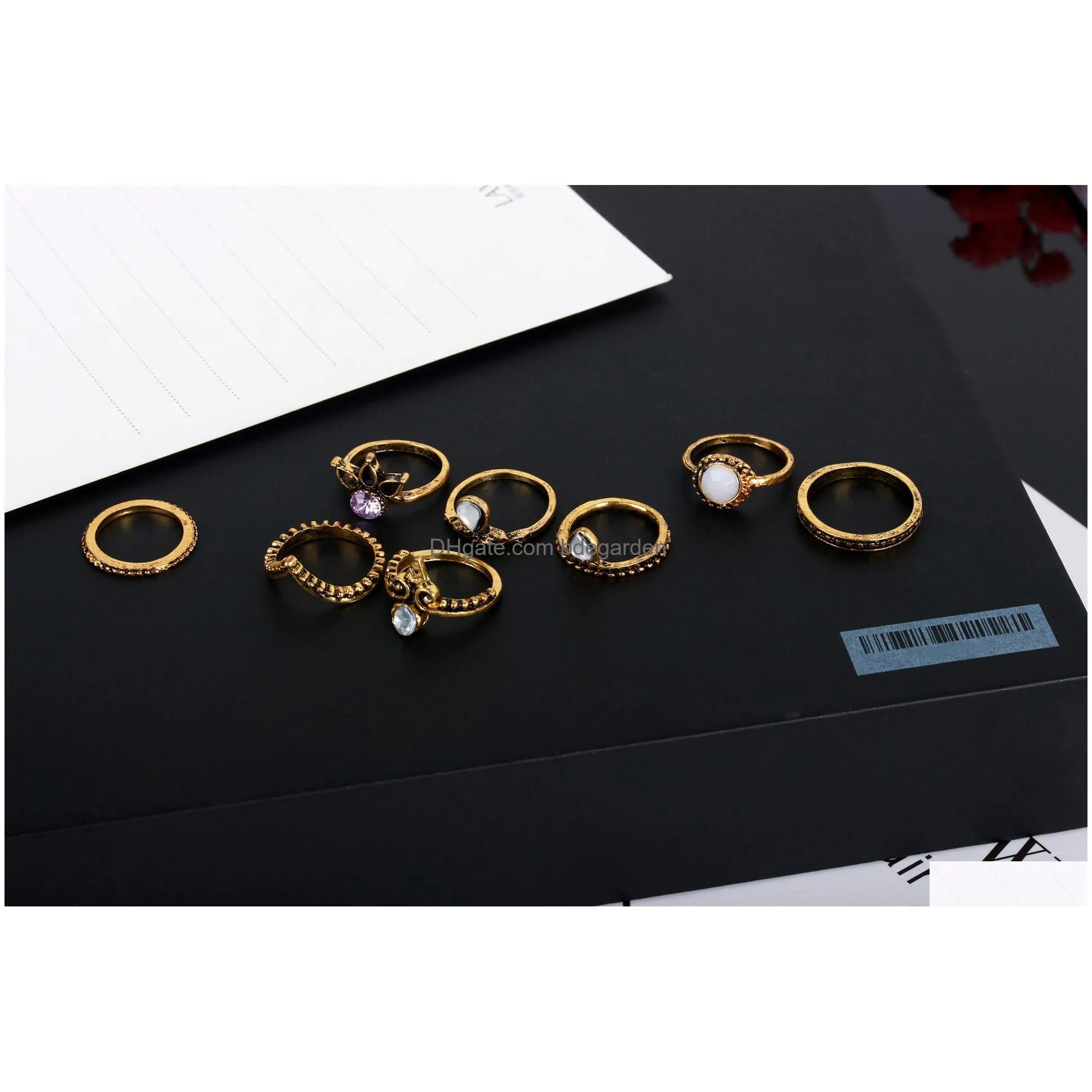 8pcs/set vintage midi rings crown white gem bronze brass knuckle ring ethnic carved boho midi finger rings for men&women fashion
