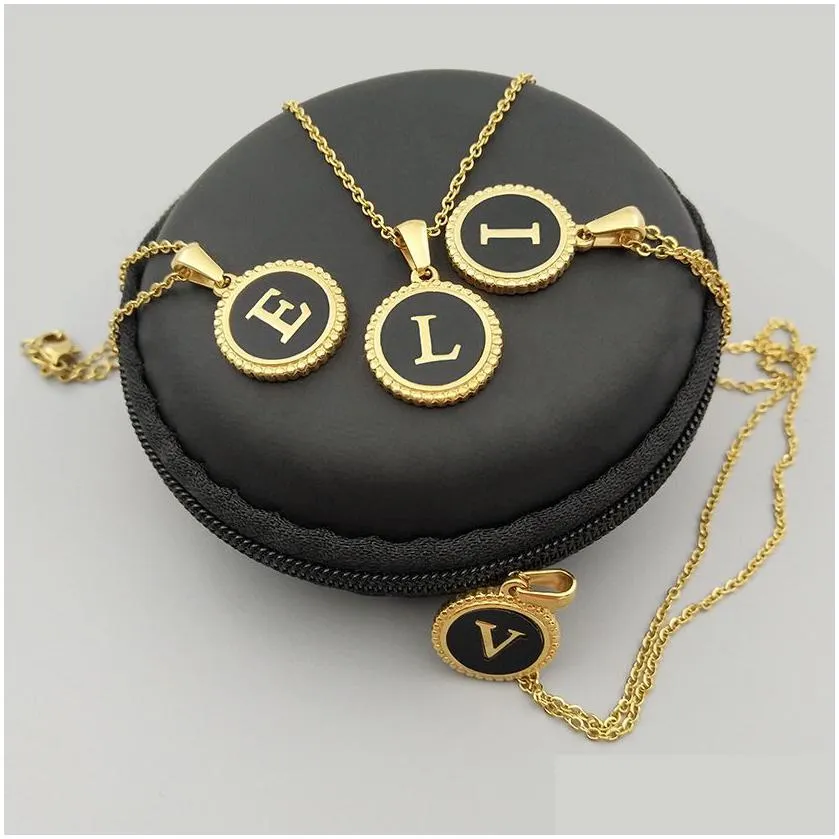 gold 26 initial letters capital a to z alphabet pendant stainless steel black enamel customized personalized name round charm chain necklace for couple