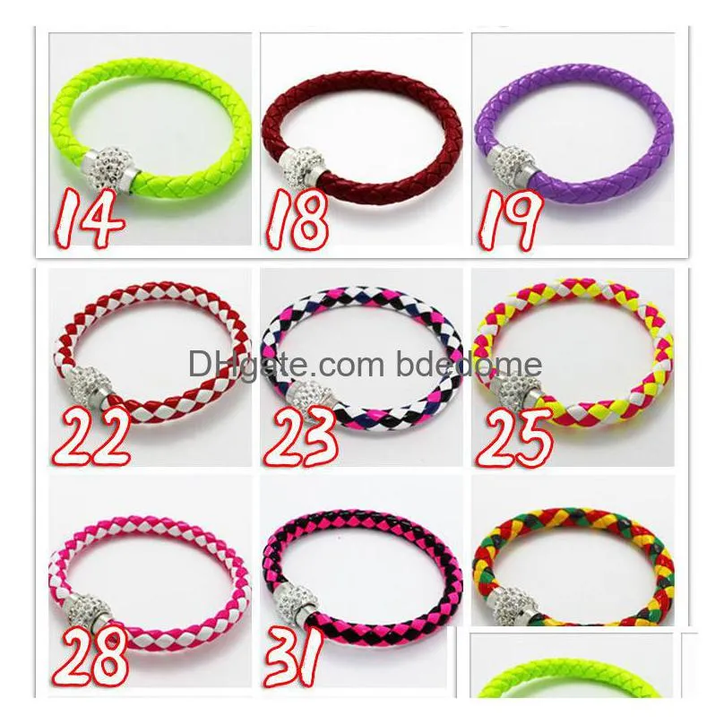 2016 new braided bracelets pu leather magnetic button bracelet cz disco crystal bead bangle multicolor handcraft gift