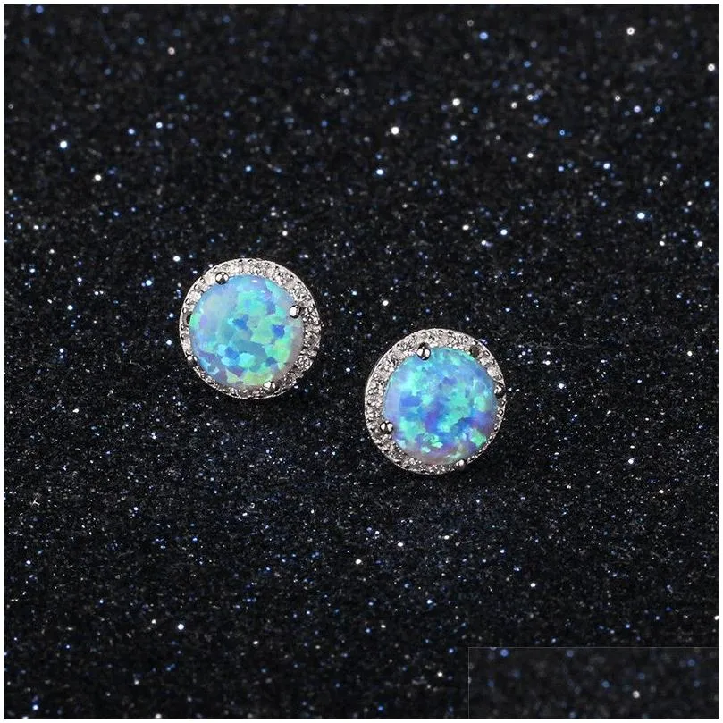 New Simple 925 Sterling Silver Stud Earrings Round Blue Fire Opal Earrings with Cubic Zirconia Wedding Jewelry Gift