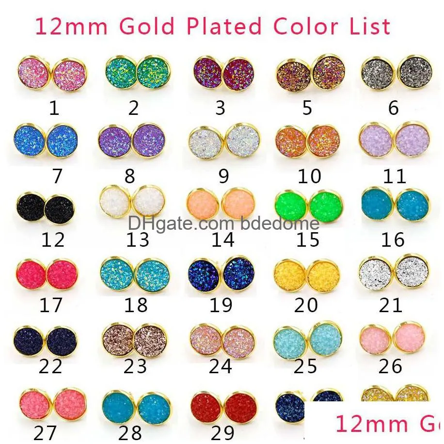 hot 12mm round druzy stone stud earrings 30 color resin gold silver stainless steel hypoallergenic ear pin for women fashion jewelry in