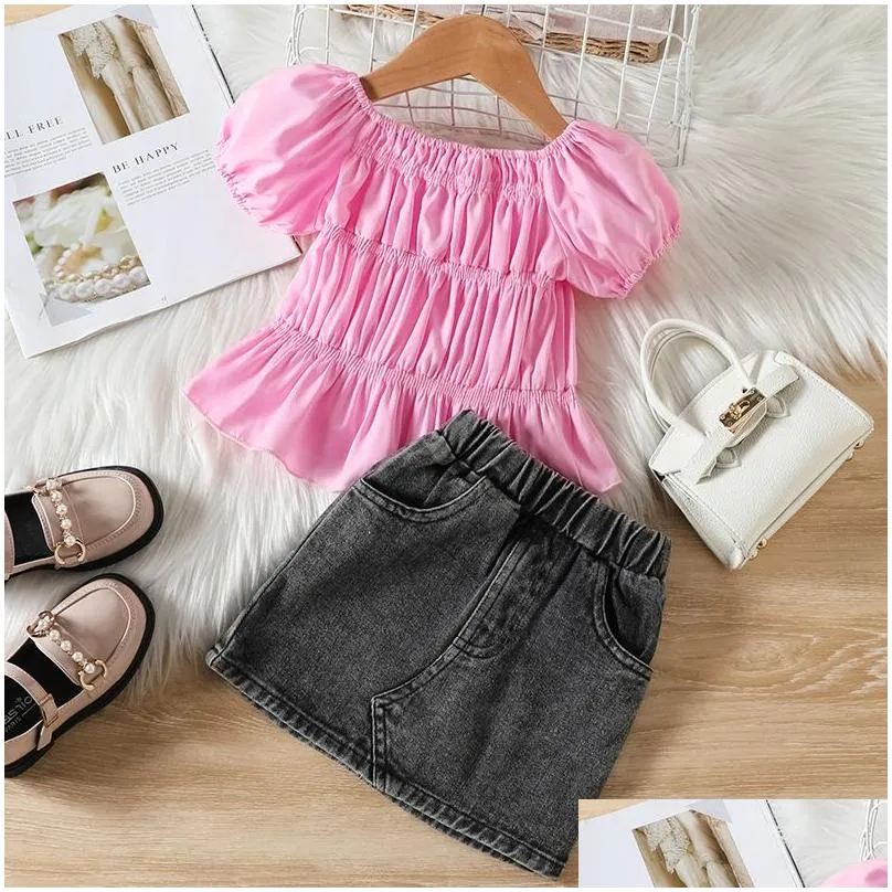 New kids designer clothing shorts two piece set baby girl clothes lantern sleeves shoulder length top and open bag denim skirt sets for small and medium