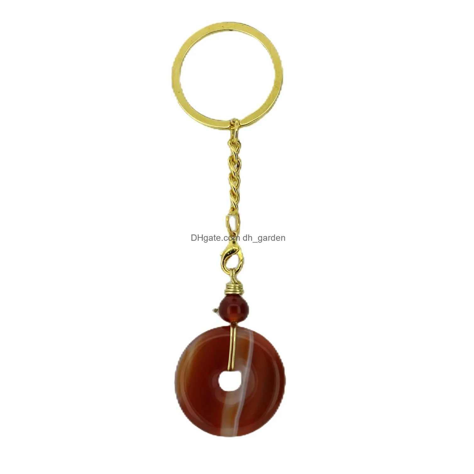 30mm smooth donuts shape gemstone pendant keychain various natural gemstone charm pendant keychain for souvenir gifts