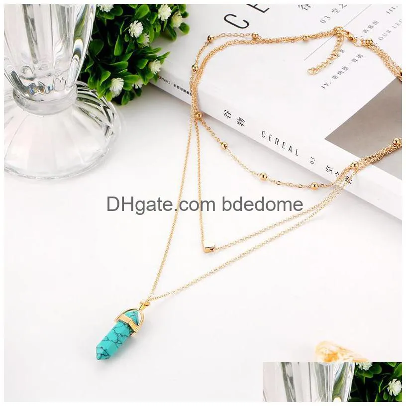 new boho women`s layered necklaces gold love heart natural stone crystals hexagonal prism bullet quartz point pendant for fashion