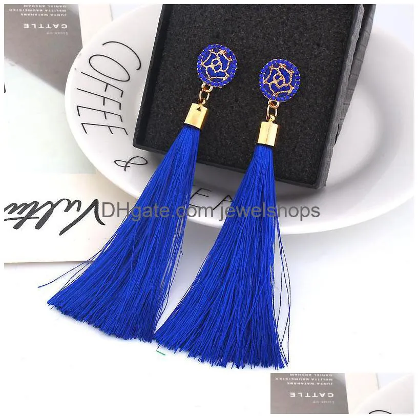 9colors boho ethnic tassel dangle earrings for women geometric crystal rose flower sign long silk fringed dangle statement earring