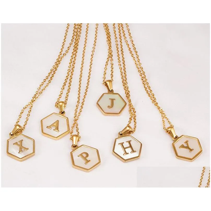 white real shell 26 initial capital letters a to z alphabet pendant quality hexagon shape stainless steel square charm necklace with 18k gold chain for lady