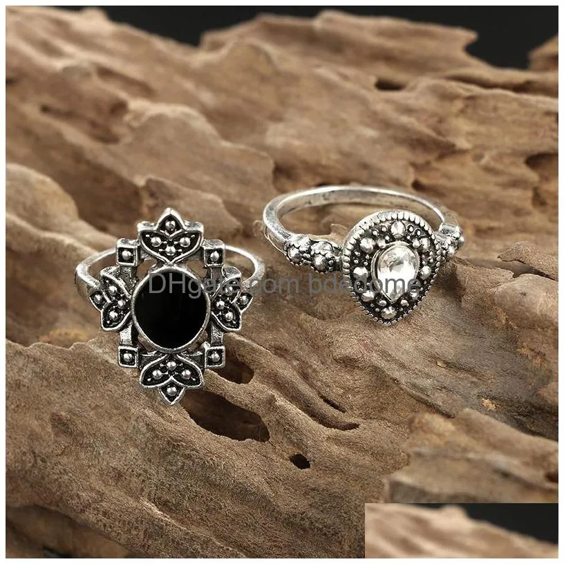 9 styles bohemian midi knuckle finger rings set for women vintage retro silver lotus flower crowncrystal geometric ring female jewelry