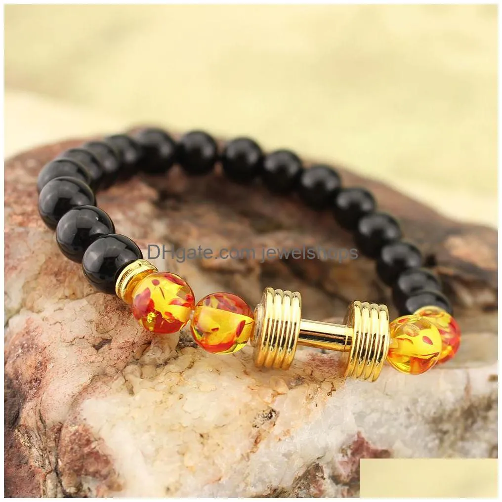 new arrival lava rock beads bracelets with gold dumbbell amber lampwork glass beads stretch bangle for women&men fashion jewelry