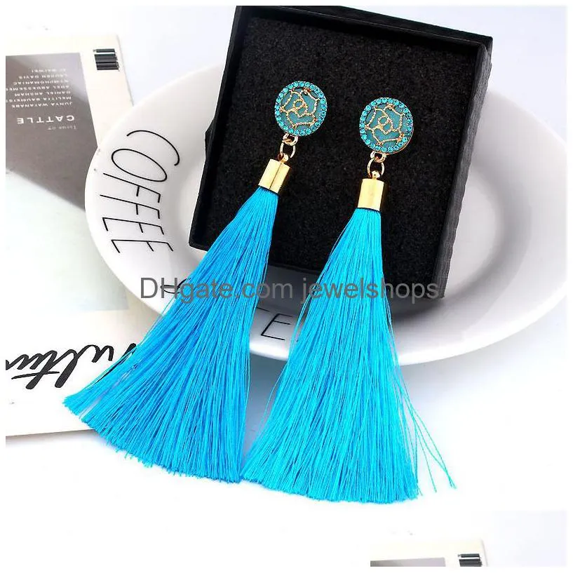 9colors boho ethnic tassel dangle earrings for women geometric crystal rose flower sign long silk fringed dangle statement earring