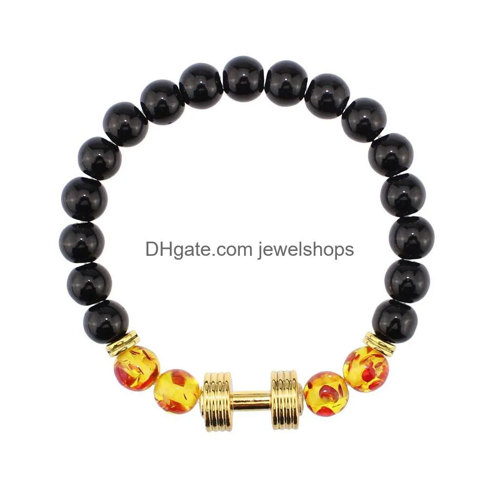 new arrival lava rock beads bracelets with gold dumbbell amber lampwork glass beads stretch bangle for women&men fashion jewelry