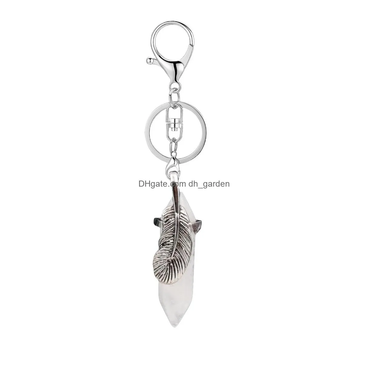 wholesale hexagon point natural stone key ring feather wrapped chakras gemstone pendant keychain