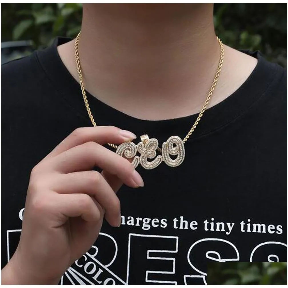a-z custom name baguette cursive letters pendant necklace gold silver cubic zirconia men women hiphop jewelry
