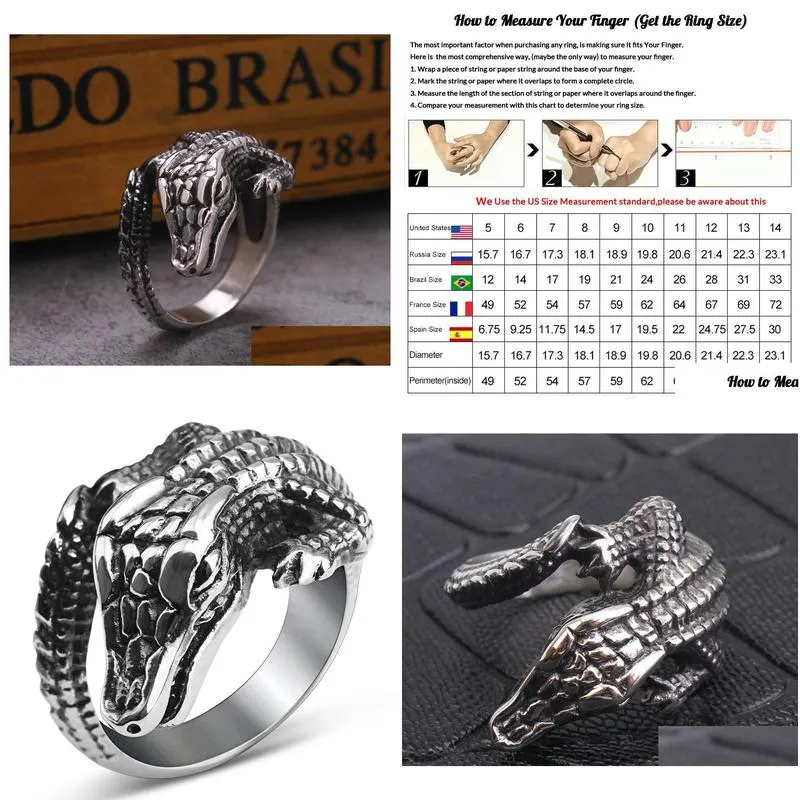stainless steel men punk gothic crocodile ring animal style black oil drip men`s retro antique unique animal jewelry wholesale