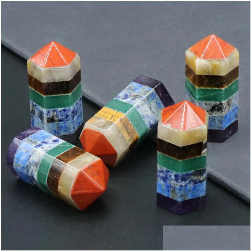 seven color gemstone 7 chakra pointed hexagonal column for energy healing and meditation