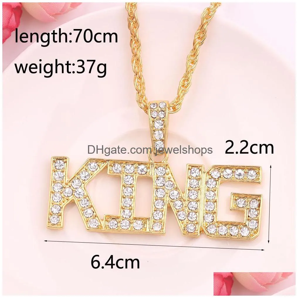 hip hop her king and his queen couple necklaces for women men iced out letter pendant gold chains hiphop rapper jewelry gift