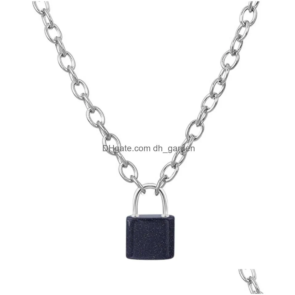 factory wholesale natural healing crystal gemstone square lock with 20inches alloy chain pendant necklace