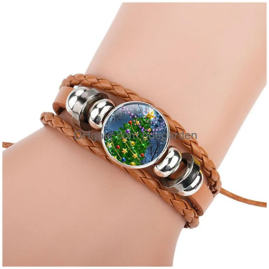 2019 christmas leather bracelets for women men reindeer tree santa claus bell snowman glass cabochon charm bangle fashion festival