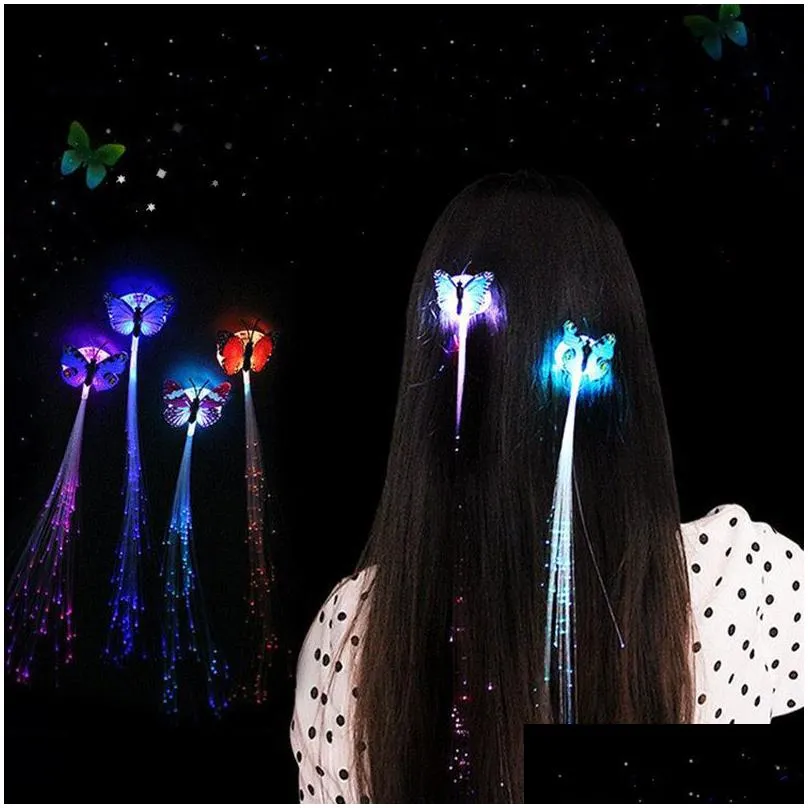 DHL HOT Flash LED Hair Braids with butterfly Fiber Hairpin clips Luminous Hair clip Wig Party KTV Glow Supplies Hair Accessory