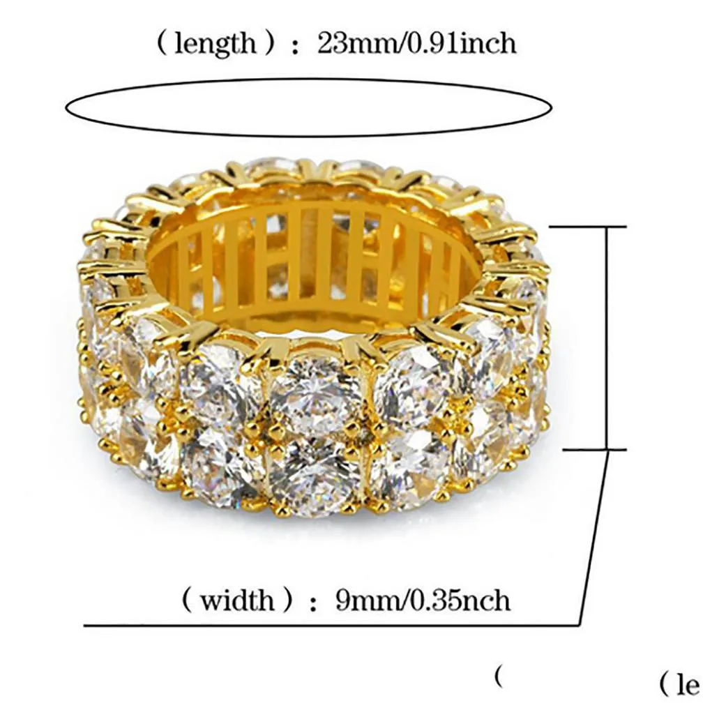 iced 2 row 360 eternity gold bling rings micro pave cubic zirconia 14k gold plated simulated diamonds hip hop ring for men women