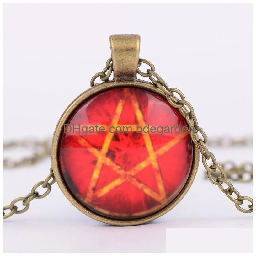 fashion vintage mysterious pentagram circle glass lockets pendant necklaces for women and men unisex witchcraft necklace jewelry gift