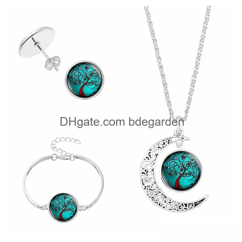tree of life moon necklace bracelet stud earrings for women glass cabochon plant pendant charm mens fashion jewelry set in bulk