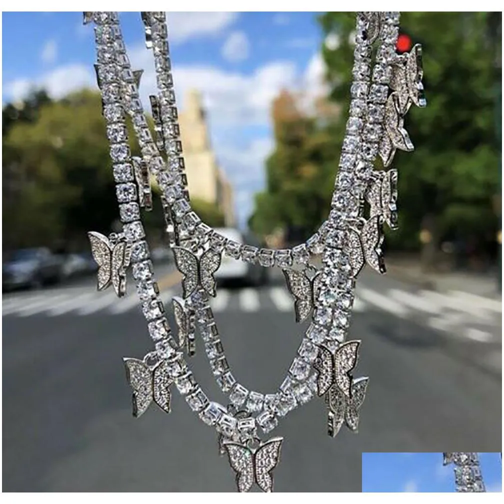 ice butterfly pendant necklace 4mm tennis choker bling zircon charm for men women hip hop rapper jewelry gifts whosales