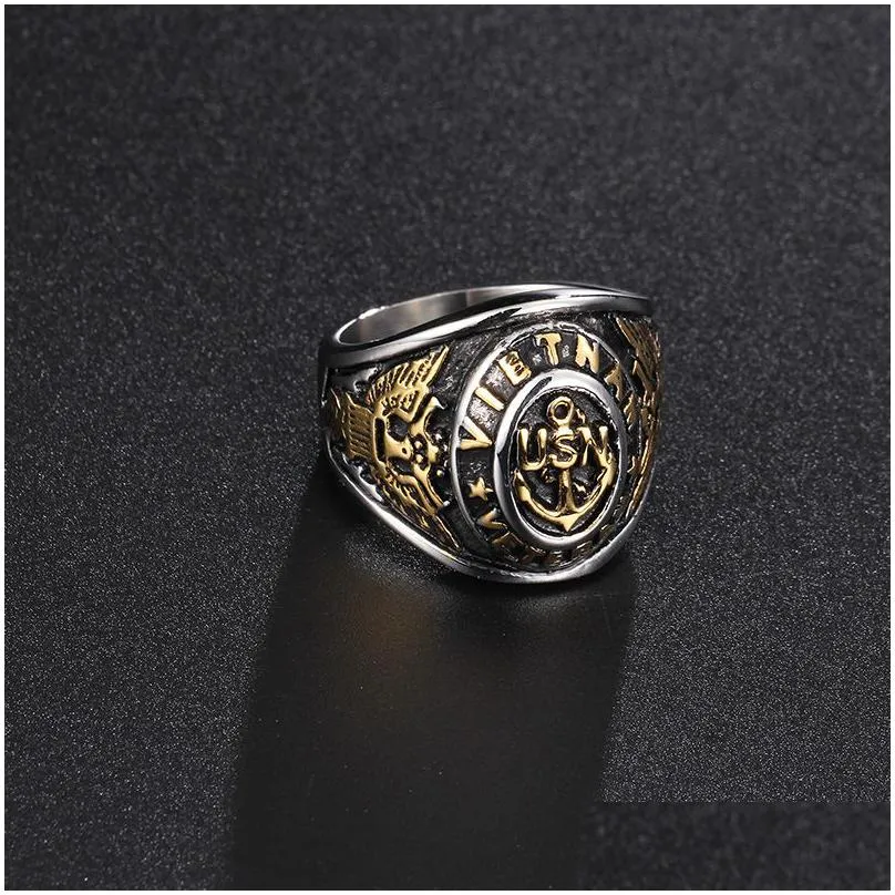 stainless steel american soldiers vietnam vet rings vintage retro black gold veteran cadre united states men`s usn military rings jewelry item