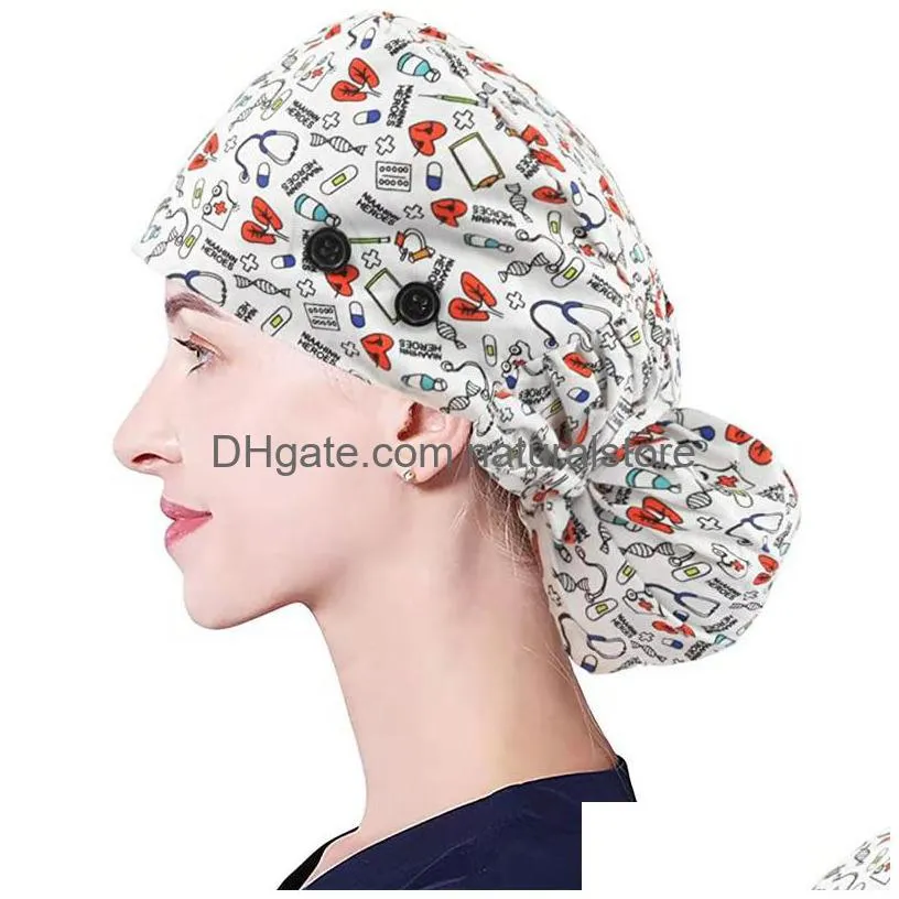 print adjustable long hair working cap with button ponytail holder scrub hats elastic nurse hat for women