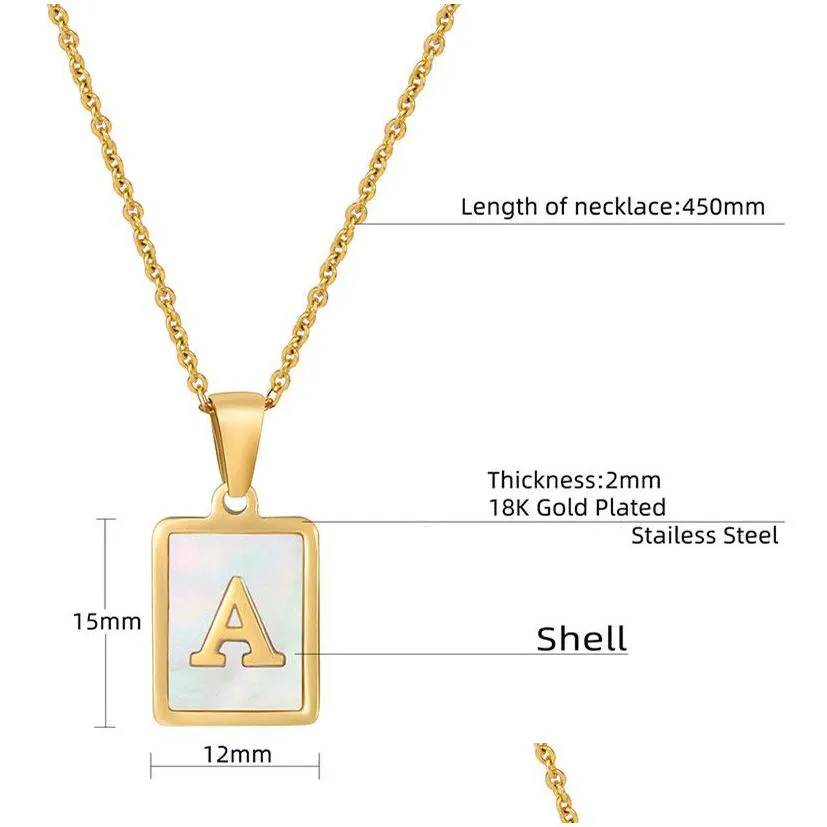 stainless steel high quality initial letters gold real shell pendant necklace personalized name custom made 26 alphabet capital a-z square charms with 45cm