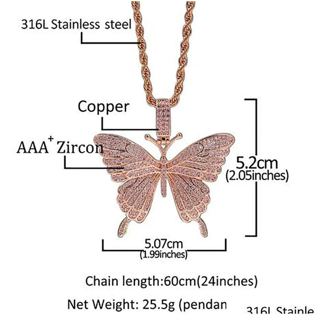 iced out rosegold pink butterfly pendant necklace bling 4mm tennis chain micro pave cubic zirconia diamonds hip hop jewelry