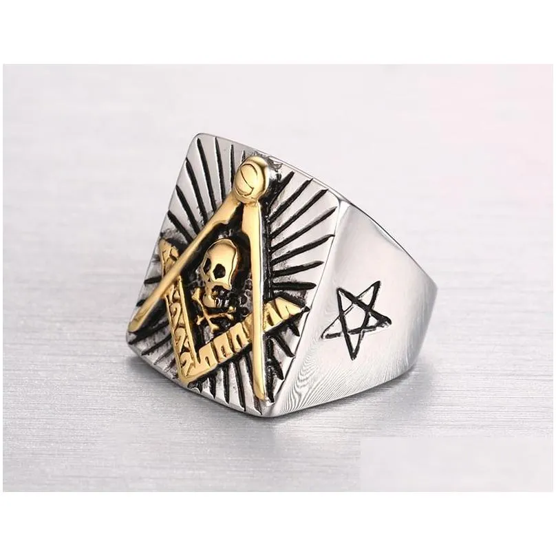 stainless steel star masonic regalia signet rings jewel compass and square logde man freemason antique punk free mason skull jewelry for