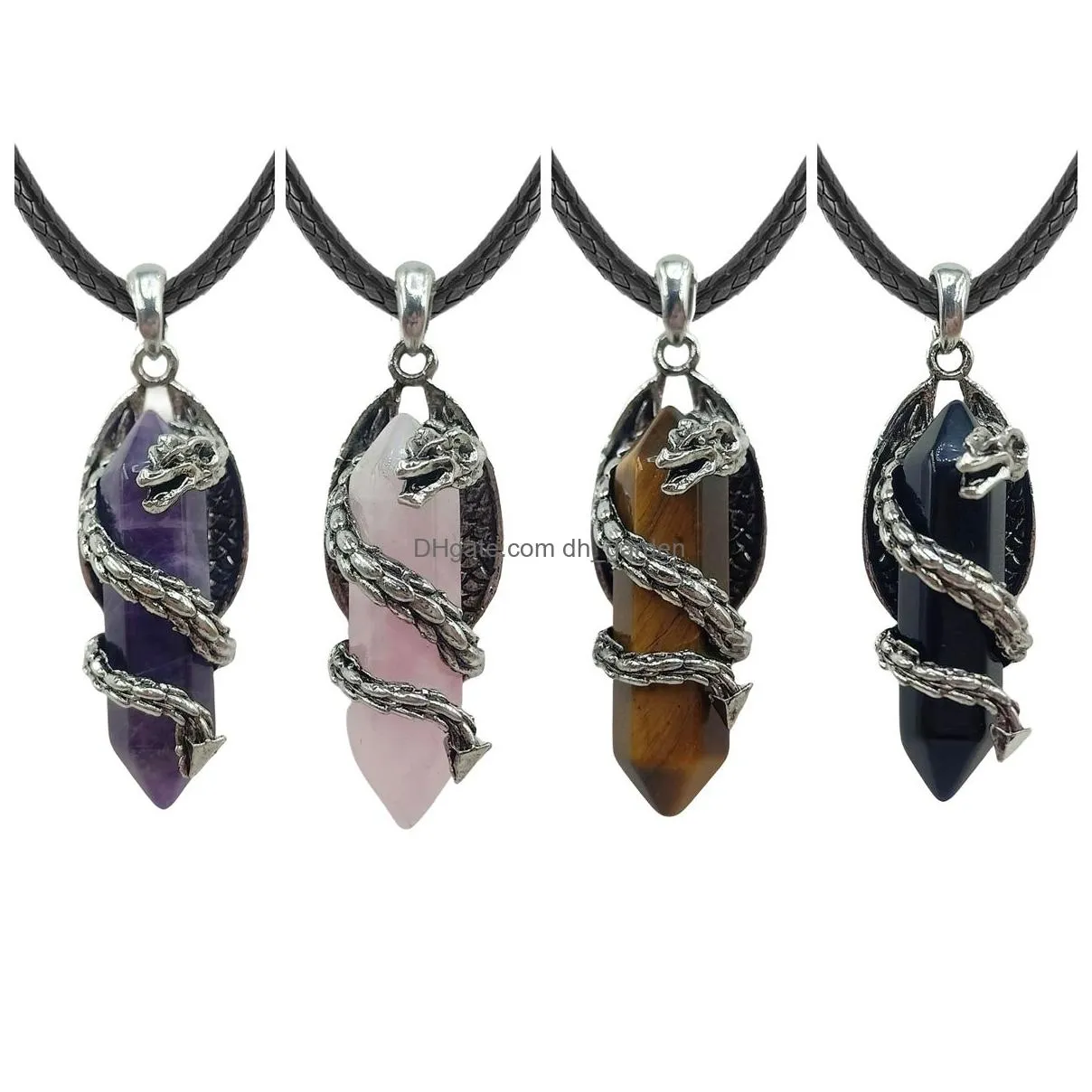 fantasy handmade black leather rope cord natural amethyst tiger eye stone charming couples pendant necklace