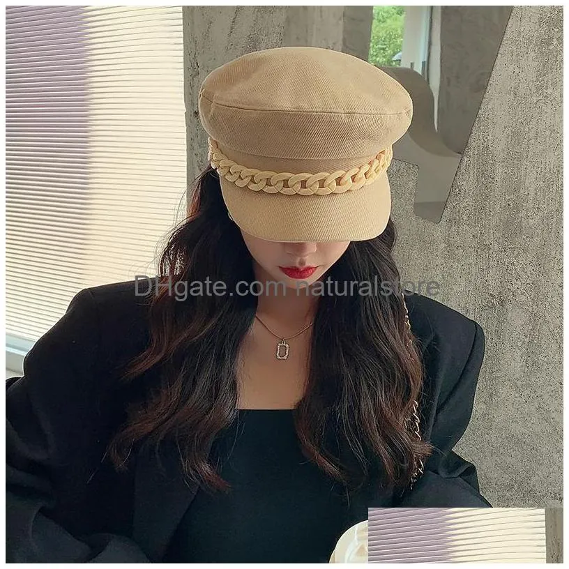 spring summer chain black cotton military berets for women female flat army hat girl travel beret ladies painter cap