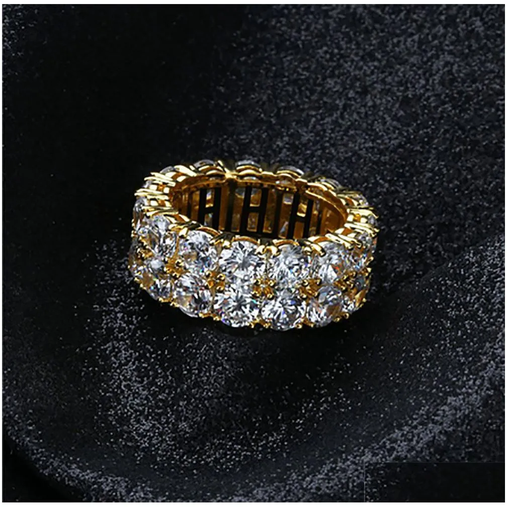 iced 2 row 360 eternity gold bling rings micro pave cubic zirconia 14k gold plated simulated diamonds hip hop ring for men women