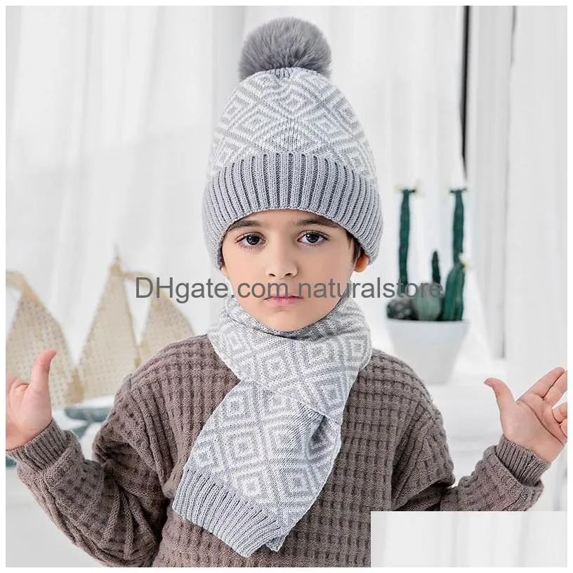 fashion winter thick warm kids hat set scarf for boy girl cute double pom children beanie scarves gift
