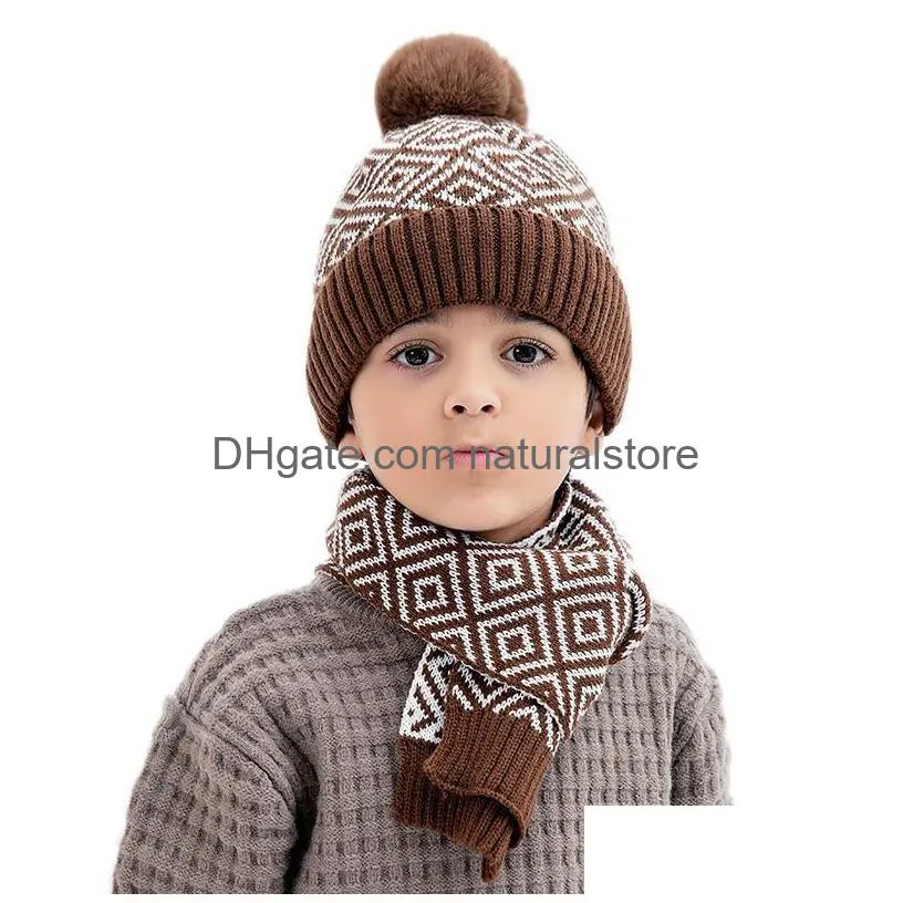 fashion winter thick warm kids hat set scarf for boy girl cute double pom children beanie scarves gift