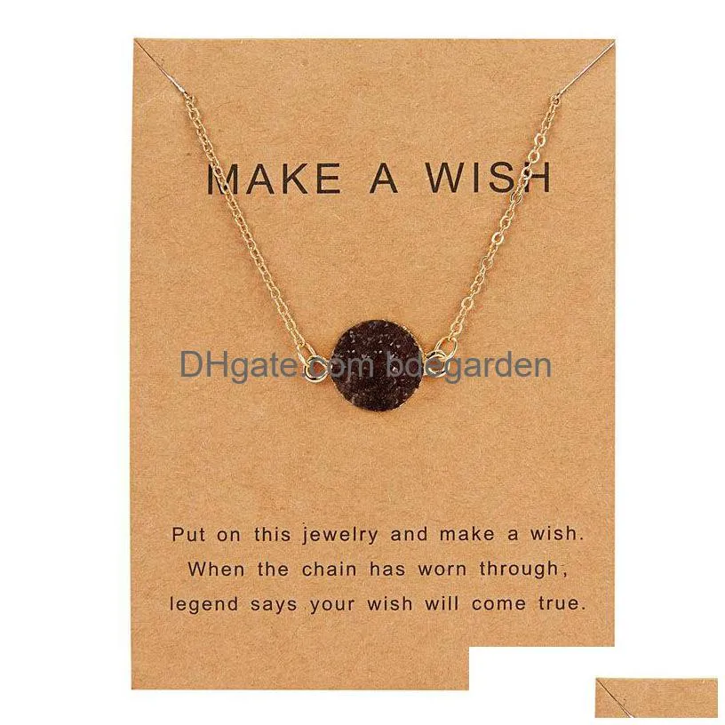 8 colors luxury druzy necklace for women round natural stone pendant gold chains fashion make a wish card jewelry gift