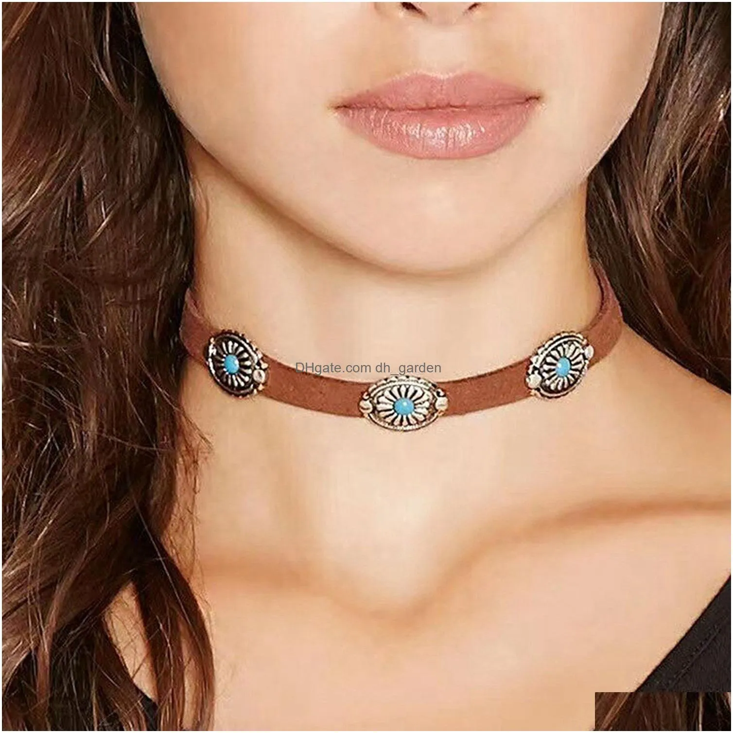 new selling vintage turquoise alloy flower short necklaces trendy party leather choker necklaces for women and girls