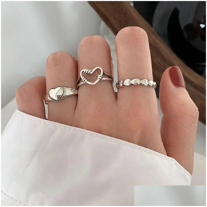 Silver Retro Love Heart Hollow Open Ring Female INS Trend Sweet Sexy Elegant Handmade Hip-hop Fashion Rings