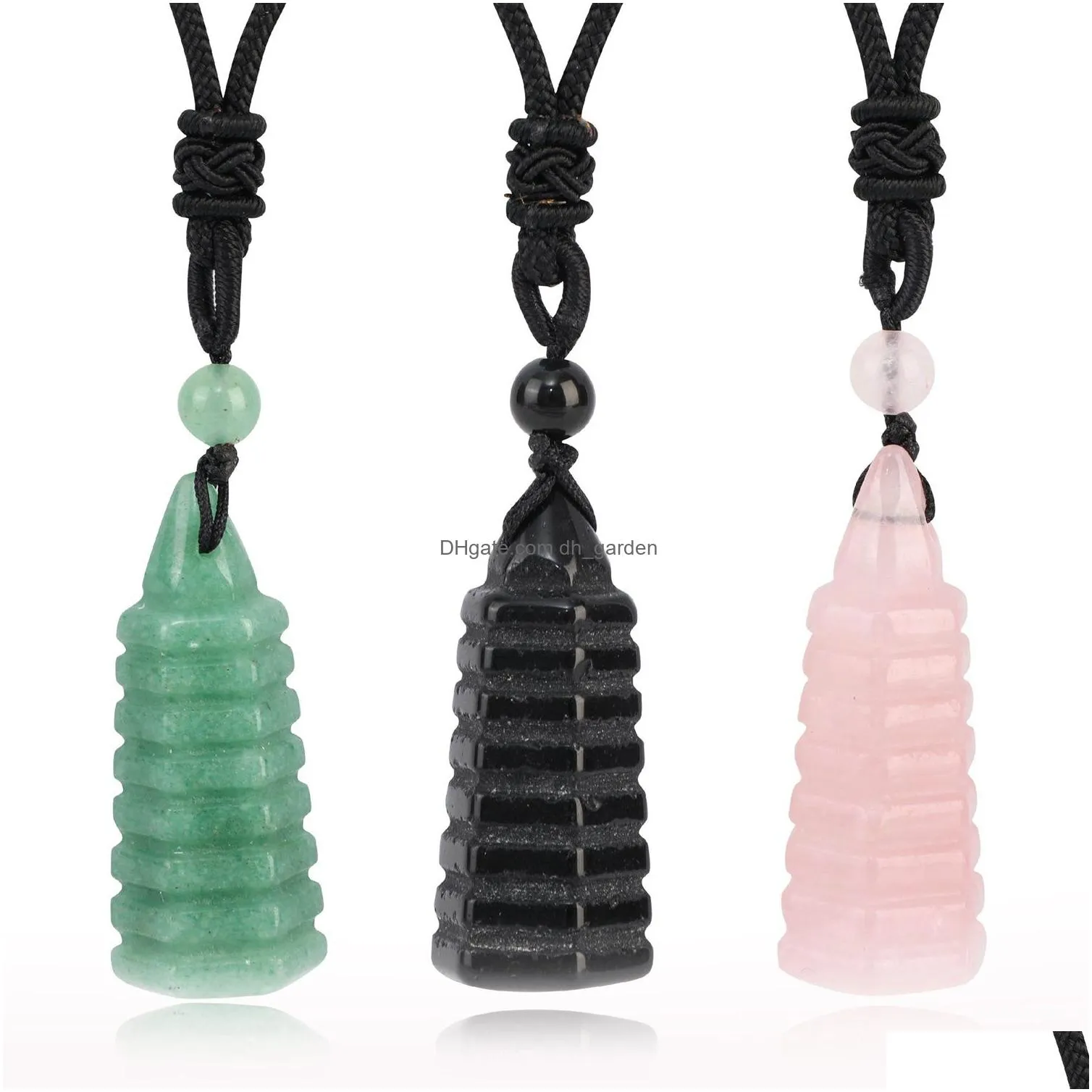 wholesale natural rose quartz crystal high quality hand carving folk crafts wenchang tower shape pendant necklace