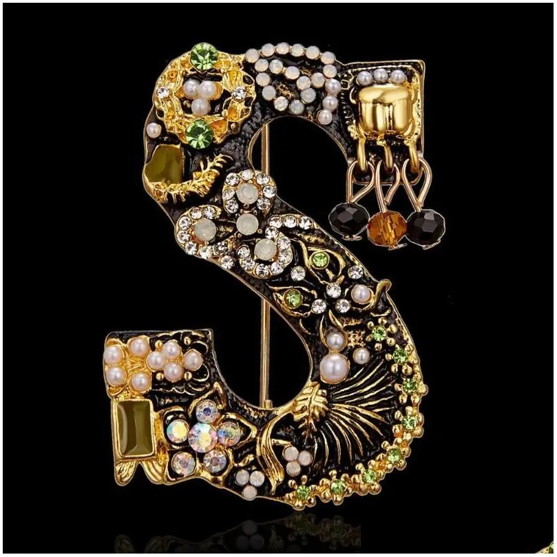 Pins, Brooches Vintage Gem Pearl Rhinestone Letter Brooch Pins Inital Alphabet For Women Men Trendy Clothes Accessories Drop