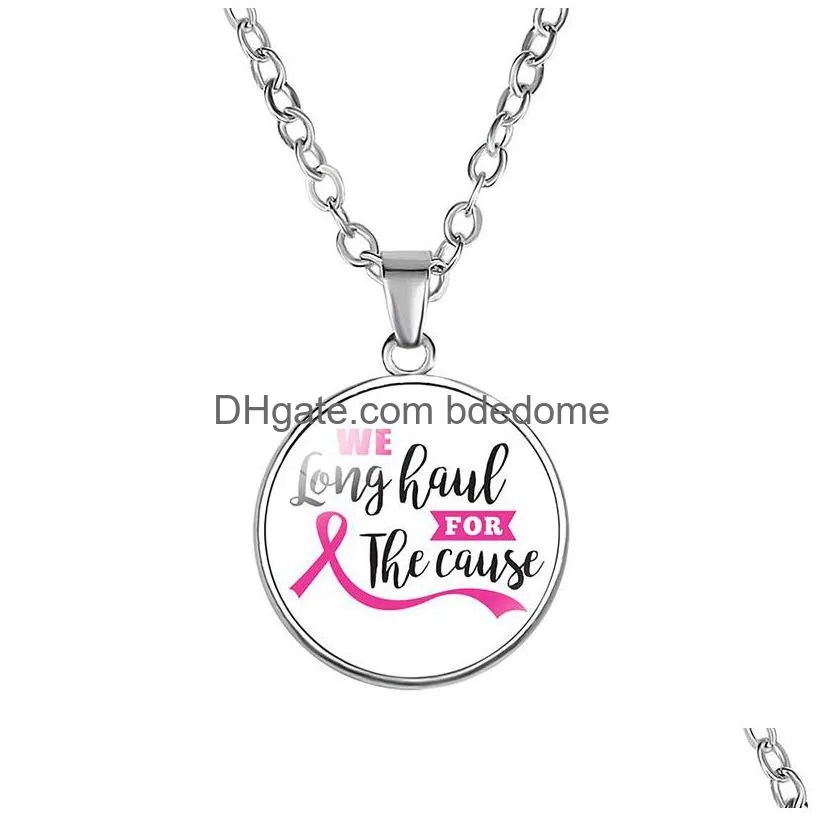 breast cancer awareness pink ribbon necklaces for women glass faith hope cure believe letter pendant chains fashion jewelry in bulk